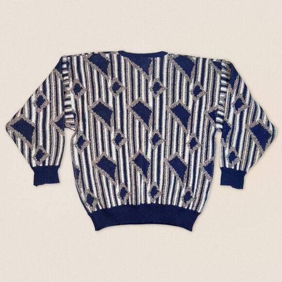 Vintage 90s Striped Blue Grandpa Sweater Aitch | Size Medium - Picture 3 of 6